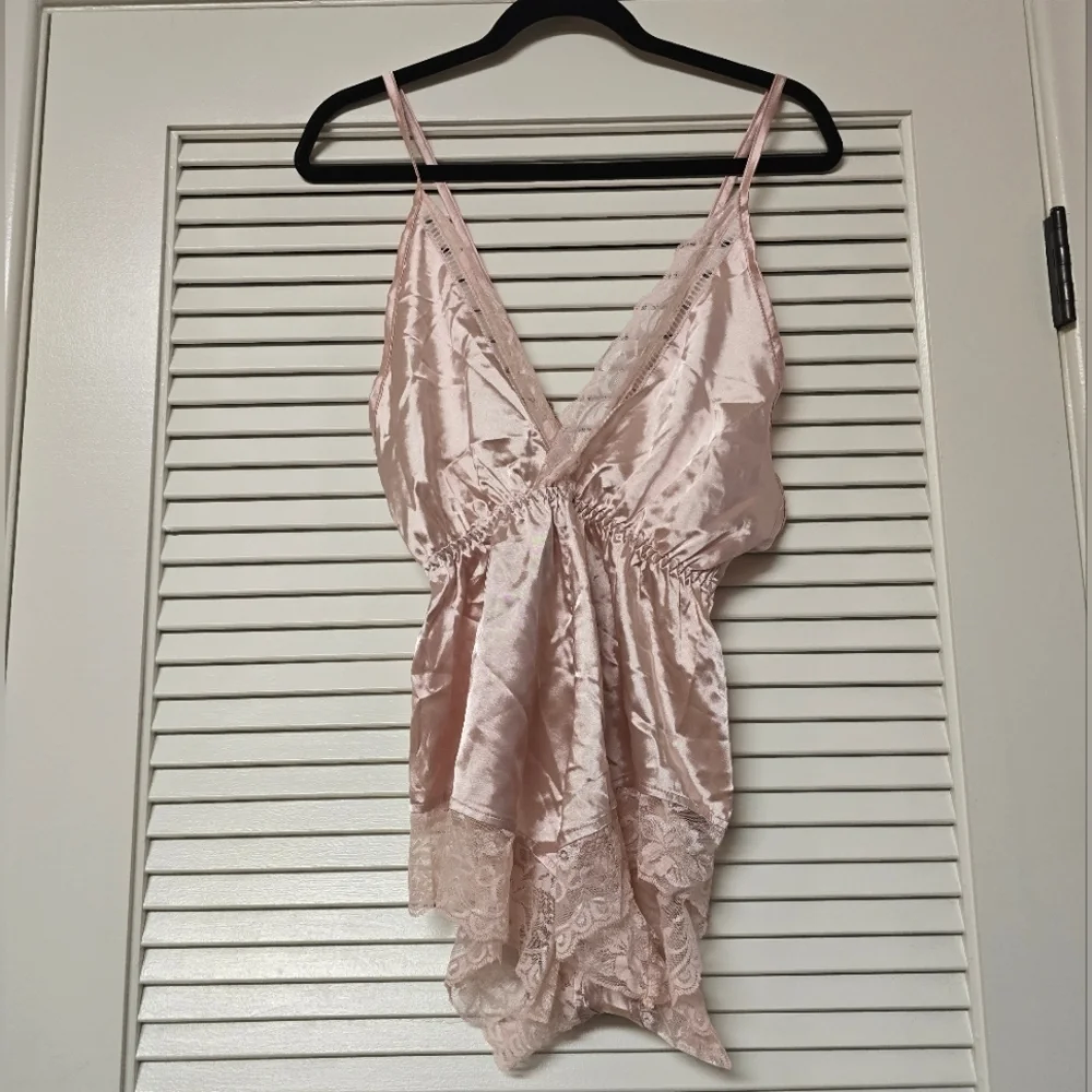SHEIN - Pink Faux Silk/Lace Sleeveless Lingerie Pajama Romper